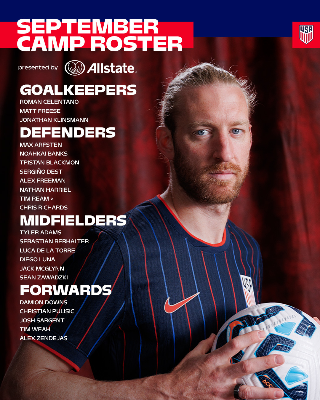 开云官方-美国国家队大名单：普利西奇领衔，小维阿、德斯特在列